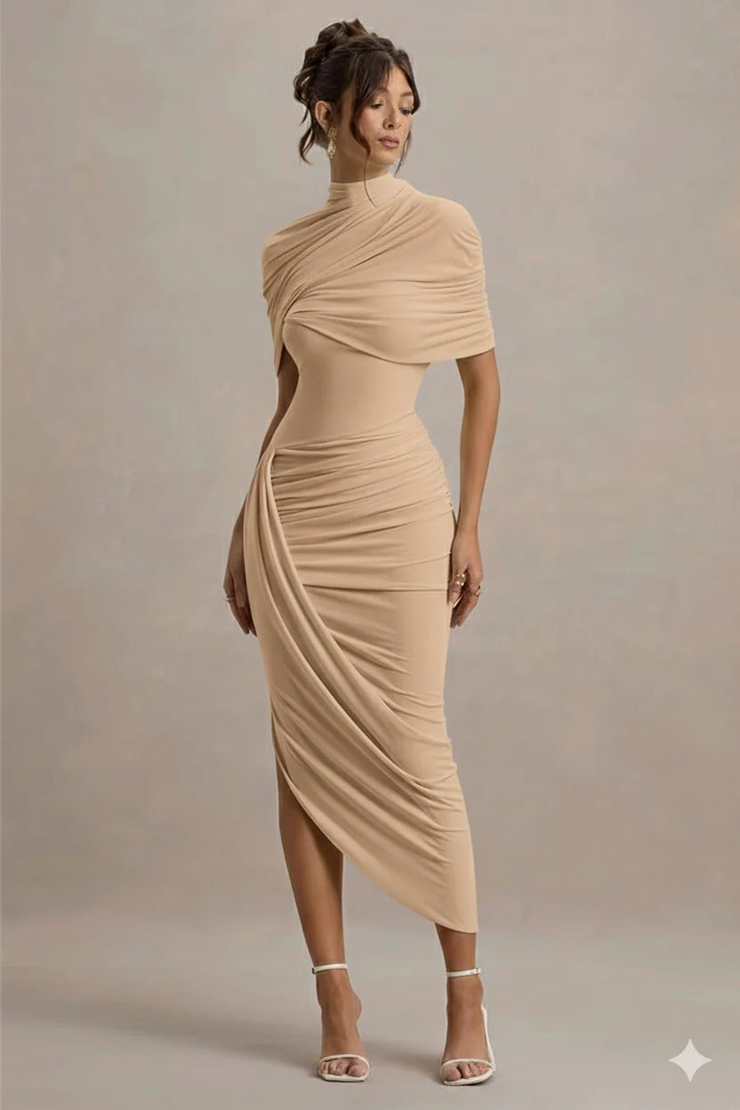 Vestido Midi Cinturado com Detalhe de Drapeado e Costas Nuas