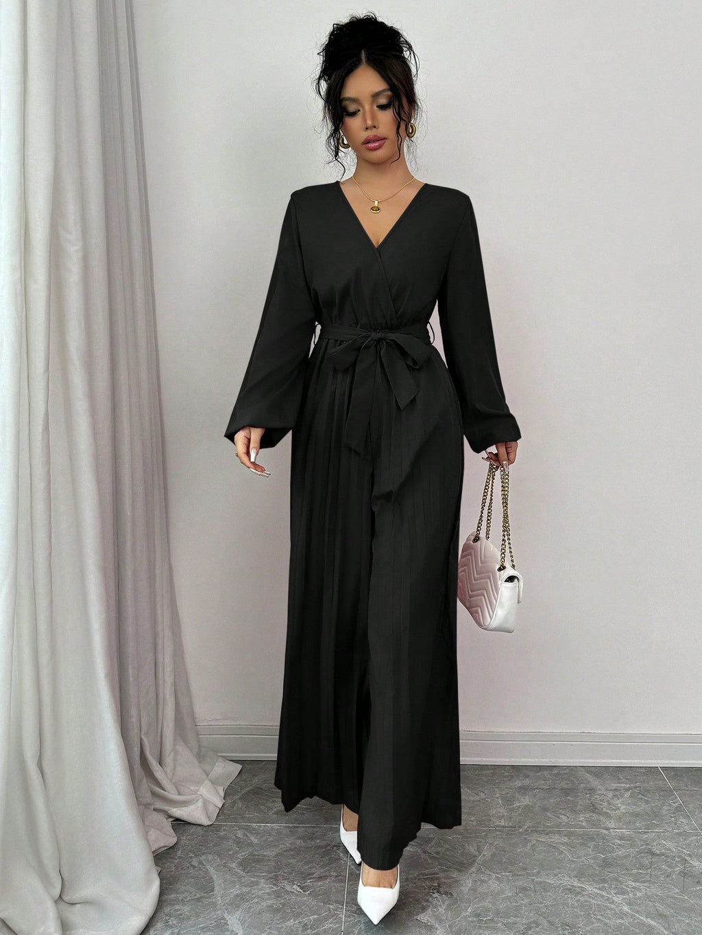 Macacão Pantalona Longo Feminino Manga Longa Plissado