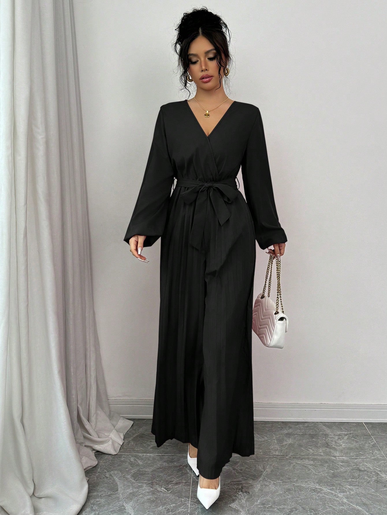 Macacão Pantalona Longo Feminino Manga Longa Plissado