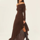 Vestido Midi de Tricot com Decote Ombro a Ombro e Saia Flare - Alisa