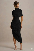 Vestido Midi Cinturado com Detalhe de Drapeado e Costas Nuas