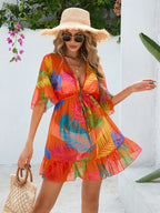 Saída de Praia Vestido Estampa Tropical Manga Morcego