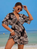 Saída de Praia Vestido Estampa Tropical Manga Morcego