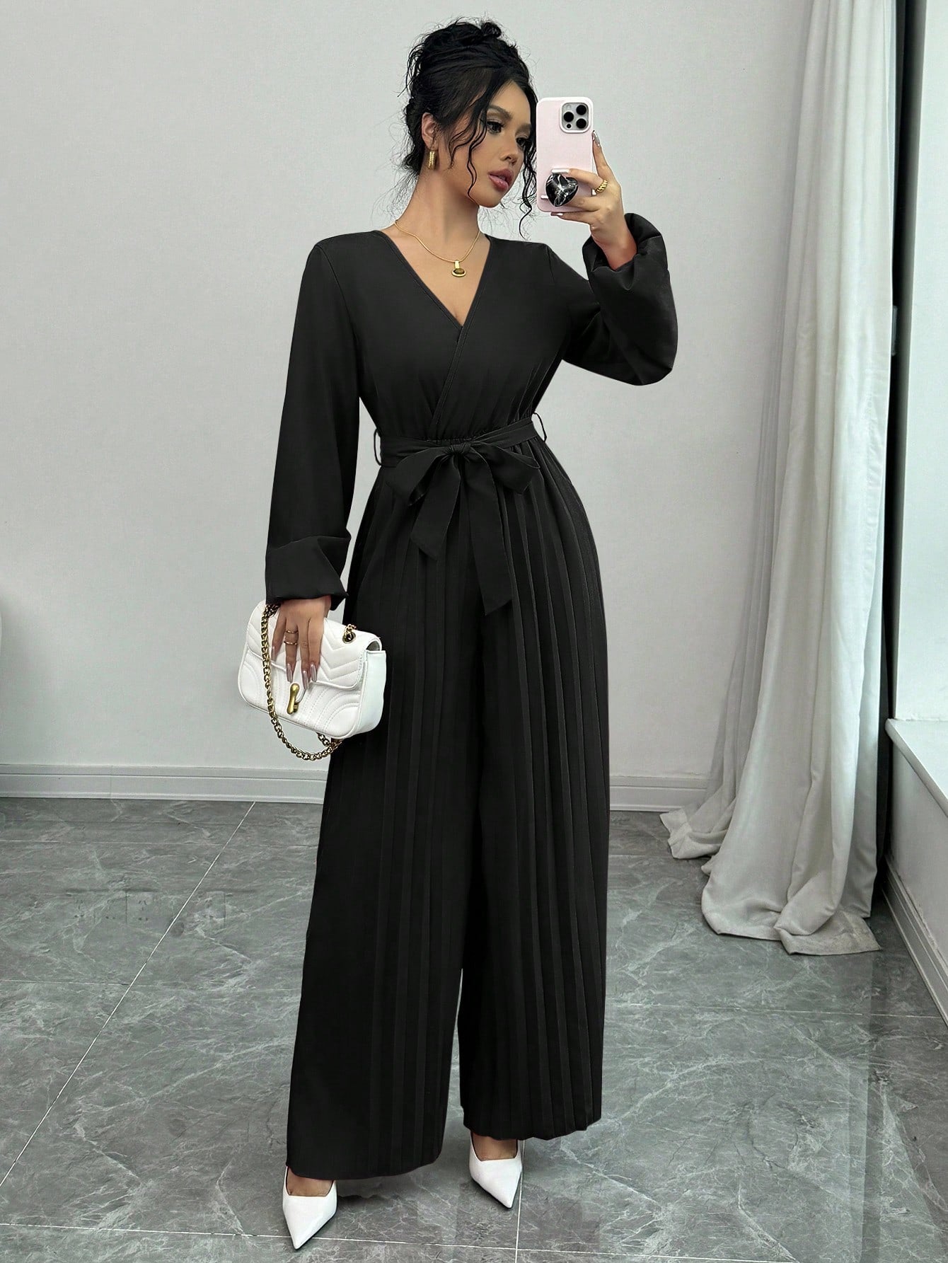 Macacão Pantalona Longo Feminino Manga Longa Plissado