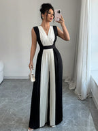 Macacão Feminino Pantalona Duas Cores Regata Decote V