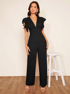 Macacão Longo Feminino Decote V Manga com Babado