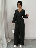 Macacão Pantalona Longo Feminino Manga Longa Plissado