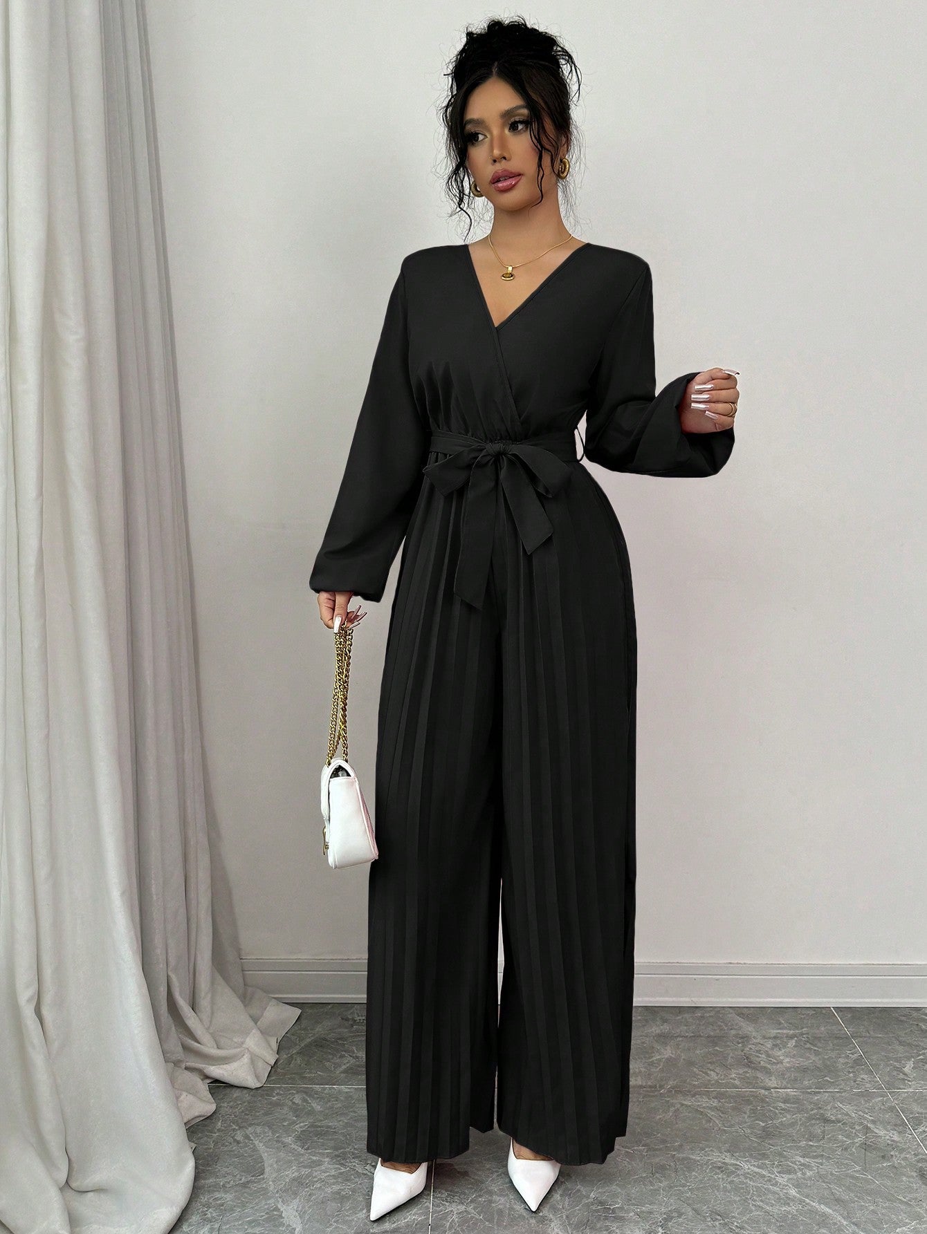 Macacão Pantalona Longo Feminino Manga Longa Plissado