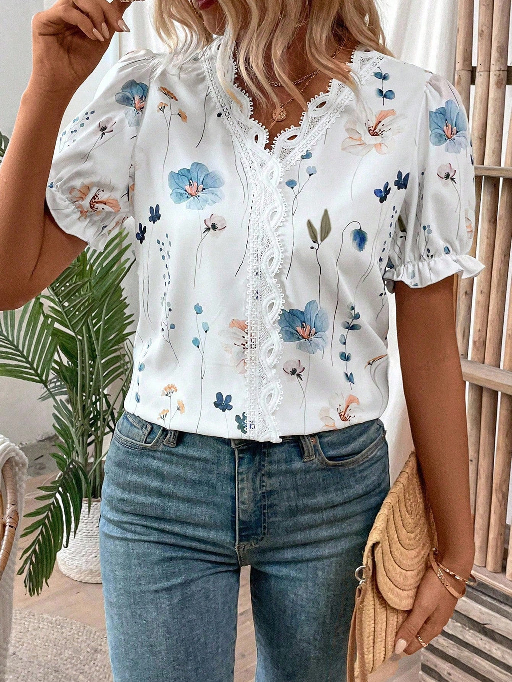 Blusa Feminina Manga Curta Chiffon Delicada Florida