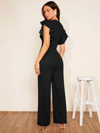 Macacão Longo Feminino Decote V Manga com Babado