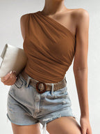 Blusa Feminina Assimétrica de Um Ombro Só Enrugada