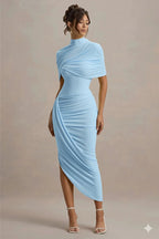 Vestido Midi Cinturado com Detalhe de Drapeado e Costas Nuas