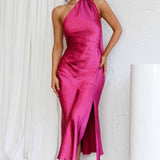 Vestido Midi Nad em Cetim com Decote Halter Drapeado