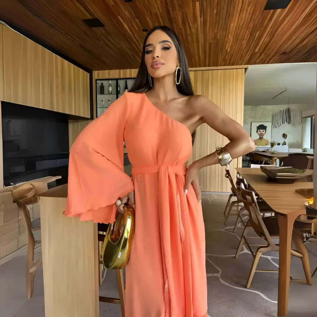 Vestido Elegante Ombro Único Franjas - Renata