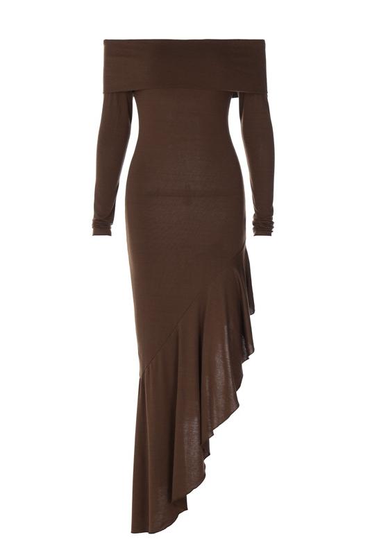 Vestido Midi de Tricot com Decote Ombro a Ombro e Saia Flare - Alisa