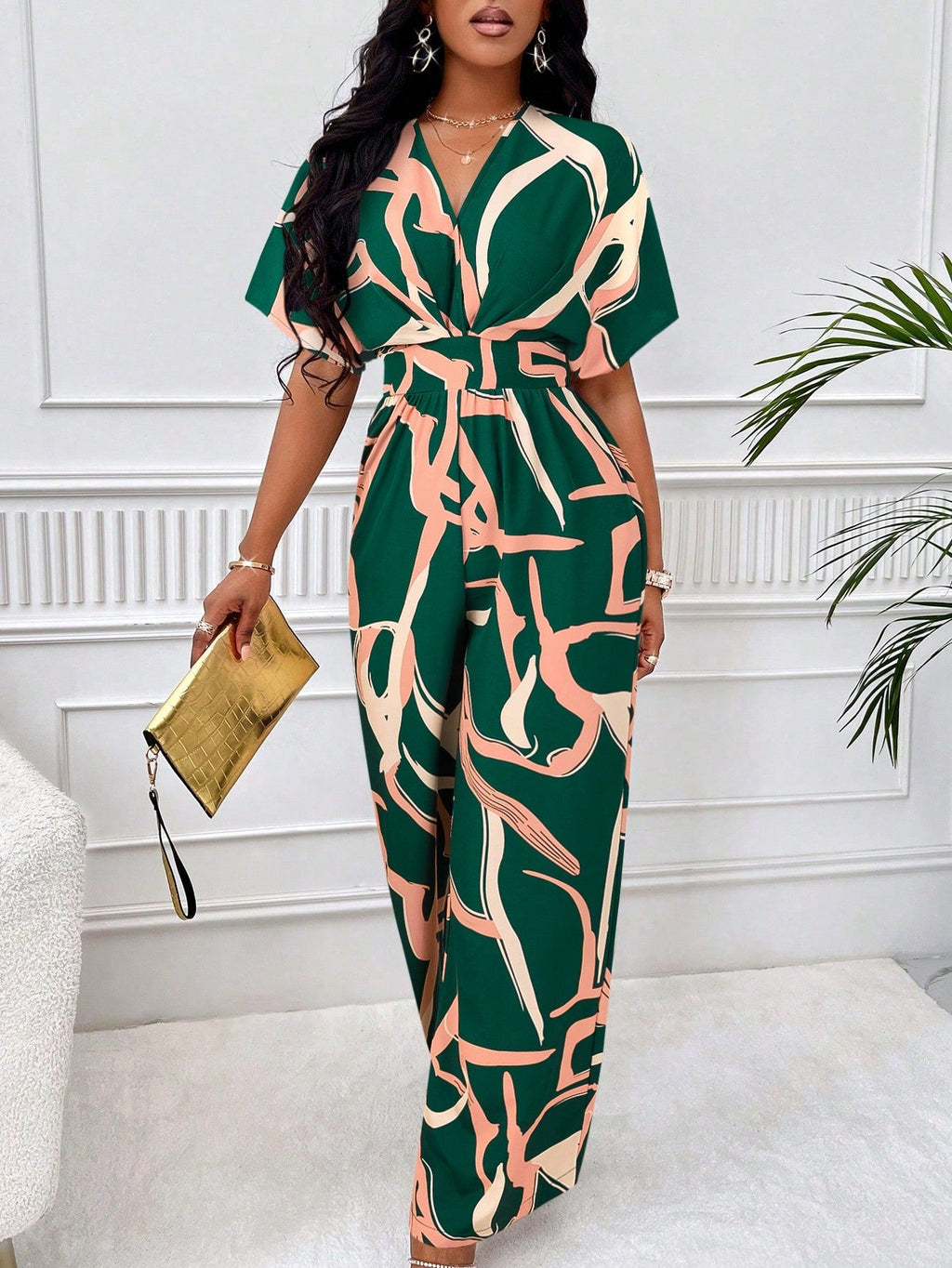 Macacão Feminino de Manga Curta Estampado