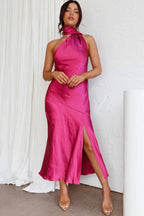 Vestido Midi Nad em Cetim com Decote Halter Drapeado