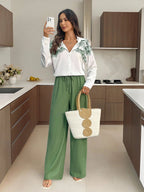 Conjunto Feminino Camisa Estampada e Calça Soltinha