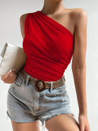 Blusa Feminina Assimétrica de Um Ombro Só Enrugada