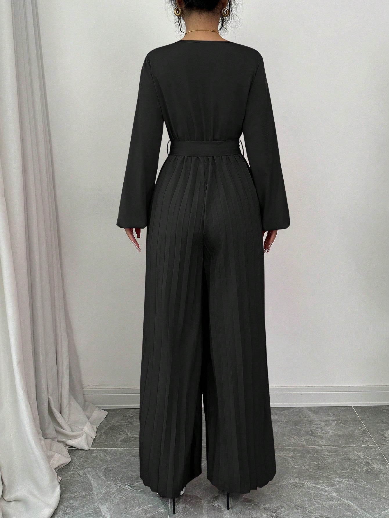 Macacão Pantalona Longo Feminino Manga Longa Plissado