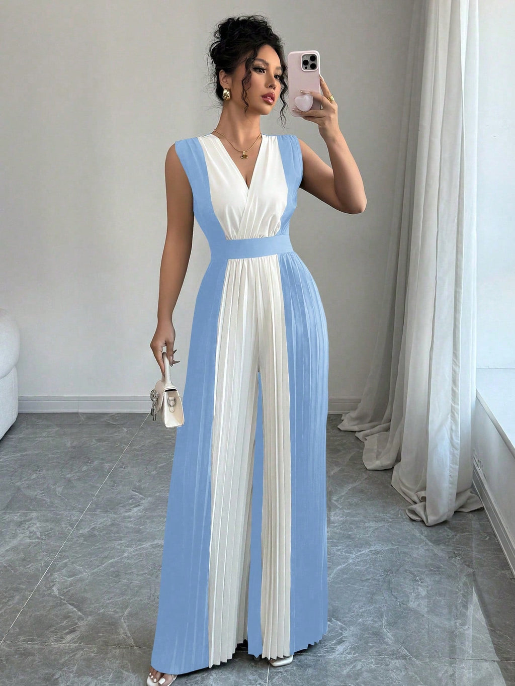 Macacão Feminino Pantalona Duas Cores Regata Decote V