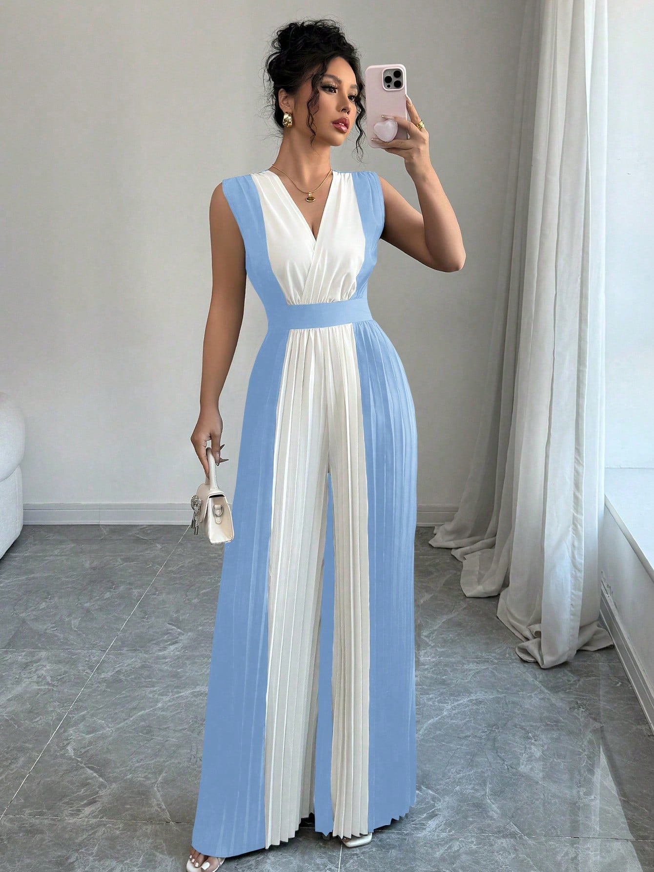 Macacão Feminino Pantalona Duas Cores Regata Decote V