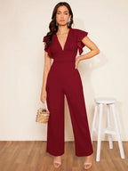 Macacão Longo Feminino Decote V Manga com Babado