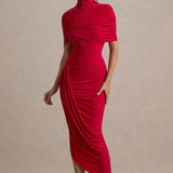 Vestido Midi Cinturado com Detalhe de Drapeado e Costas Nuas