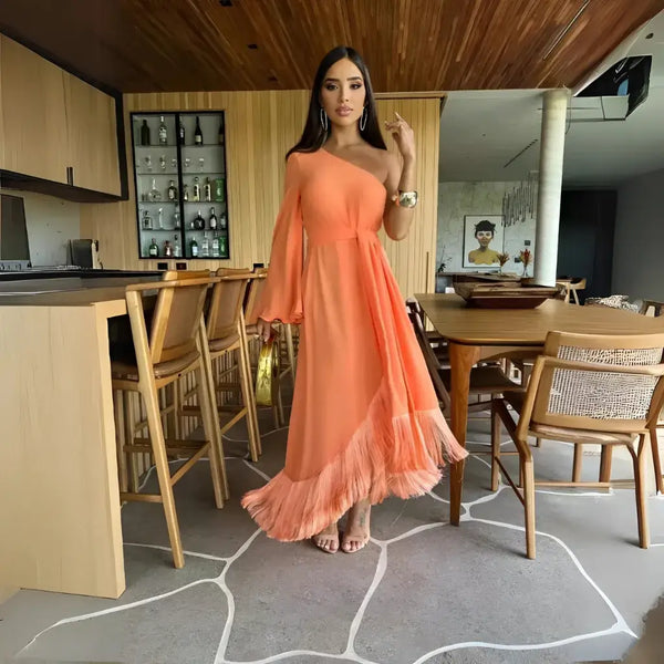 Vestido Elegante Ombro Único Franjas - Renata