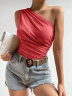 Blusa Feminina Assimétrica de Um Ombro Só Enrugada