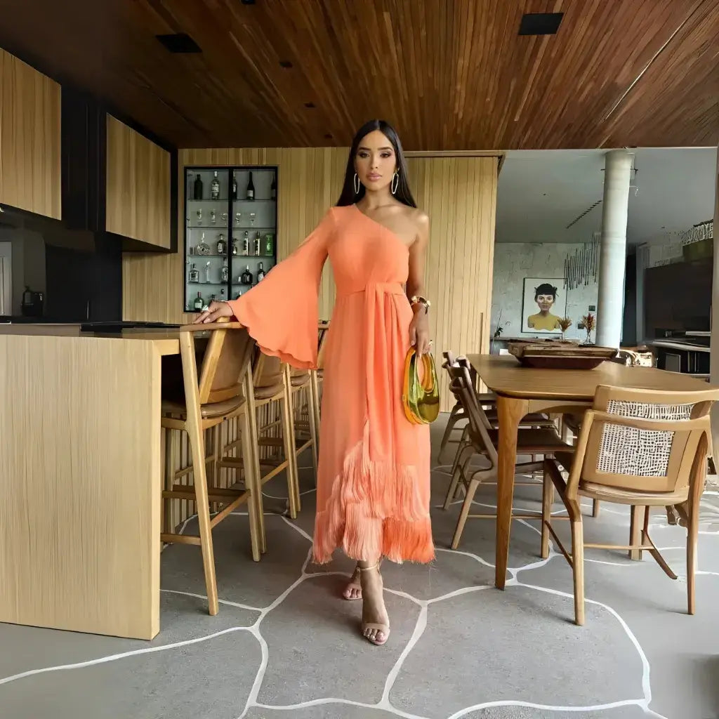 Vestido Elegante Ombro Único Franjas - Renata