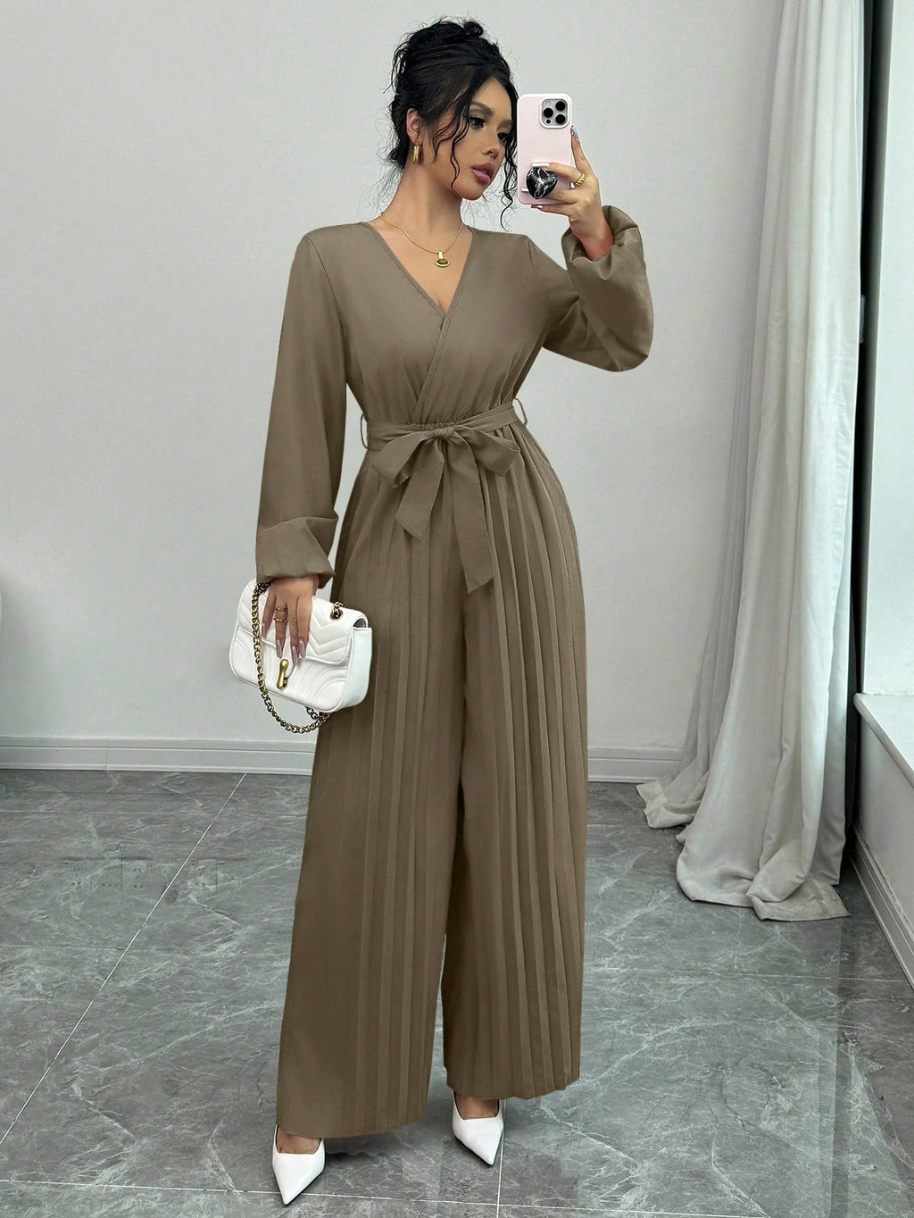 Macacão Pantalona Longo Feminino Manga Longa Plissado