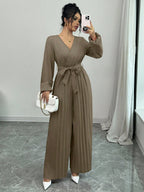 Macacão Pantalona Longo Feminino Manga Longa Plissado